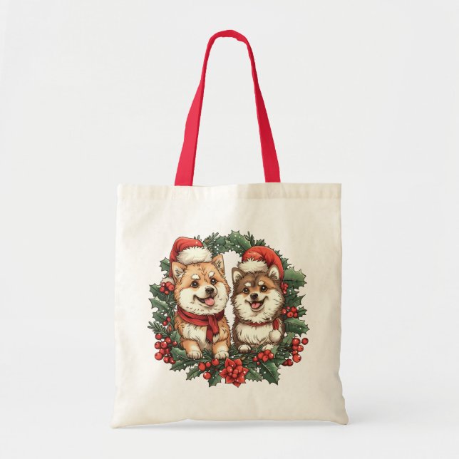 Bolsa Tote Cães Pomeranianos Mistletoe Wreath (Frente)