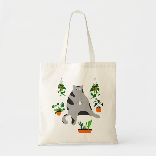 Bolsa Tote Café Bebendo De Gato, Gato De Gato Com Plantas (Frente)