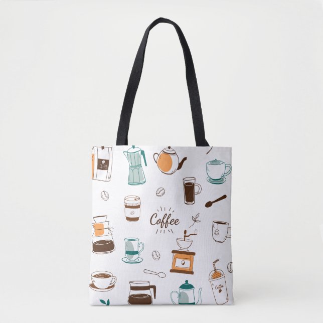 Bolsa Tote Café desenhado à mão e padrão de café (Frente)