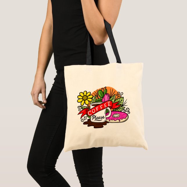 Bolsa Tote Café e Rosquinha de Tatuagem Colorida (Frente (produto))