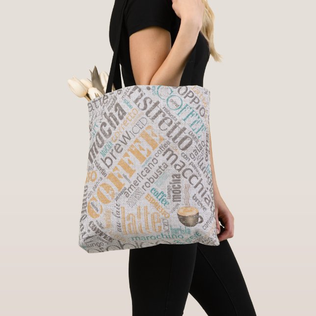 Bolsa Tote Café em Burlap Word Cloud Teal ID283 (Close Up)