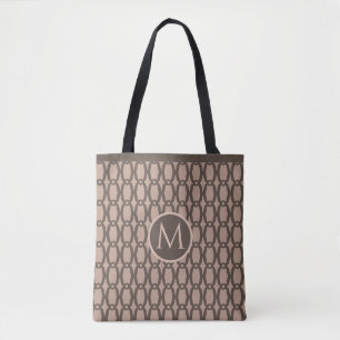 Bolsa Tote Café Marrom Padrão Oval & Monograma em Bege
