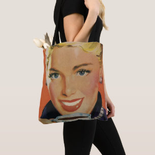 Bolsa Tote Café Vintage, Mulher Feliz com Xícara de Café Retr