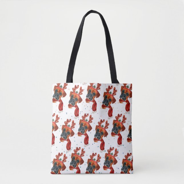 Bolsa Tote Caixa de cão fofo com chifres de rena Natal (Frente)