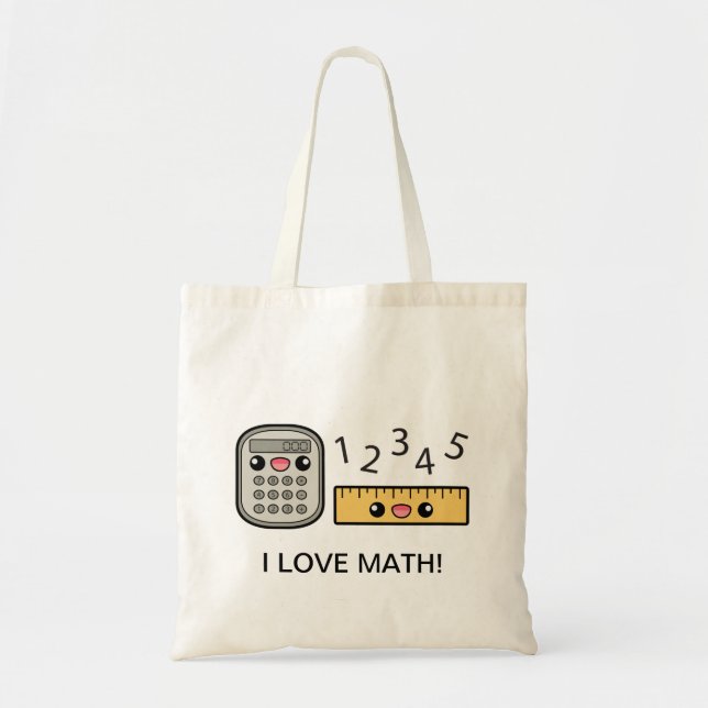 Bolsa Tote Calculadora e Régua Fofas Eu Amo Matemática (Frente)