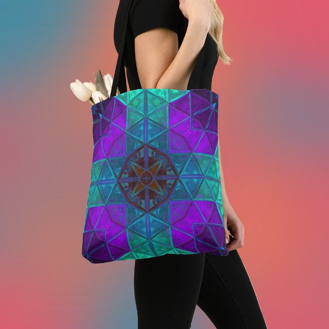 Bolsa Tote Caleidoscópio Mosaico Azul e Roxo Quadrado (Criador carregado)