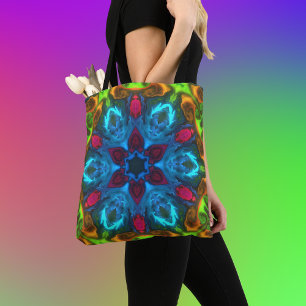 Bolsa Tote Caleidoscópio Psicodélico Azul, Rosa e Verde