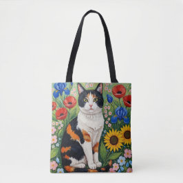 Bolsa Tote Calico Cat and Folk Art Sunflowers