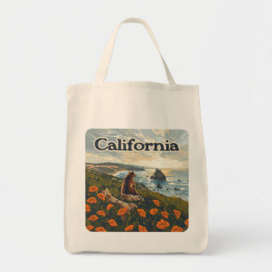 Bolsa Tote California Bear Poppies Flores Retro