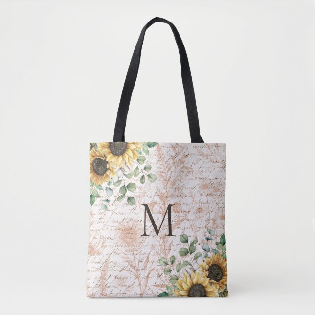 Bolsa Tote Caligrafia de Girassol Rústico Monogramado Vintage (Frente)