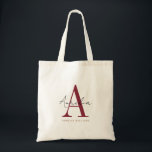 Bolsa Tote Caligrafia de Script de Nome do Monograma Personal<br><div class="desc">Saco elegante de na moda com seu nome personalizado e monograma em um design de caligrafia com letras de tendências em burgundy minimalista e preto, este design guiado pela tipografia faz um presente de excelente para colegas de trabalho, professores, treinadores, namoradas, esposas, esposas, filhas ou qualquer outro membro do trabalho...</div>