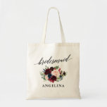 Bolsa Tote Calliografia Burgundy Blue Floral Bridesmaid<br><div class="desc">Caligrafia Elegante Moderna,  Watercolor Burgundy Marsala Azul Cor-De-rosa Branca Nome Tote Bag</div>