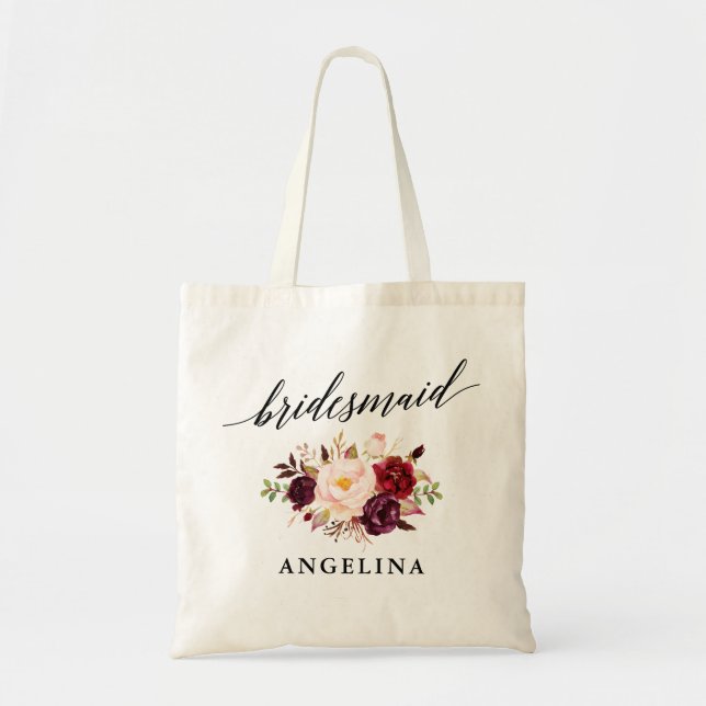 Bolsa Tote Calliografia Burgundy Floral Bridesmaid (Frente)
