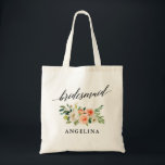Bolsa Tote Calliografia Coral White Floral Bridesmaid<br><div class="desc">Caligrafia Elegante Moderna,  Coral de Água Branca Floral Nome Tote Bag</div>