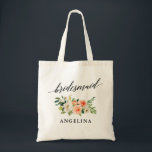 Bolsa Tote Calliografia Coral White Floral Bridesmaid<br><div class="desc">Caligrafia Elegante Moderna,  Coral de Água Branca Floral Nome Tote Bag</div>