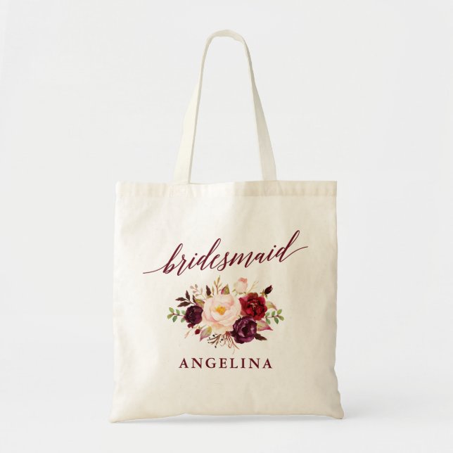 Bolsa Tote Calliografia Floral Burgundy Bridesmaid Name (Frente)