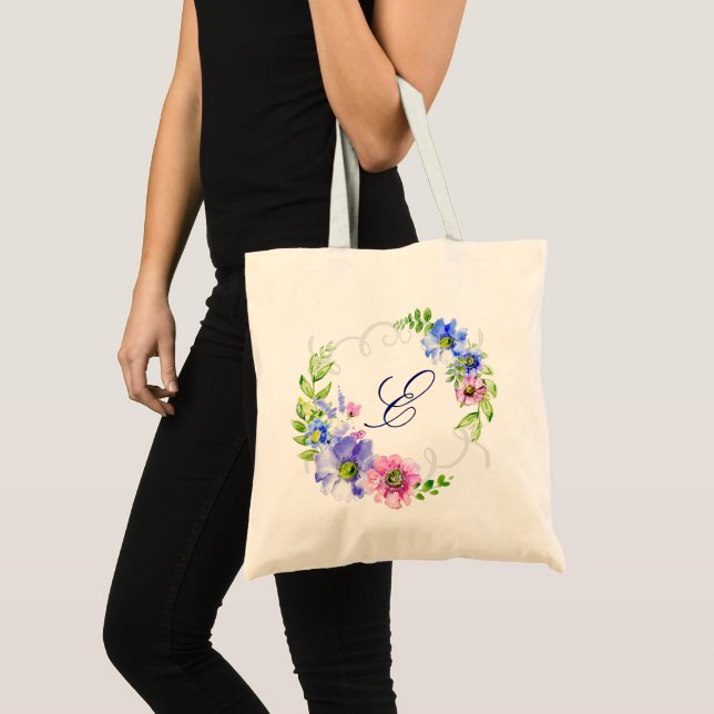 Bolsa Tote Camada aquarela flores com monograma (Frente (produto))