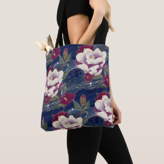 Bolsa Tote Camélias em Azul Escuro