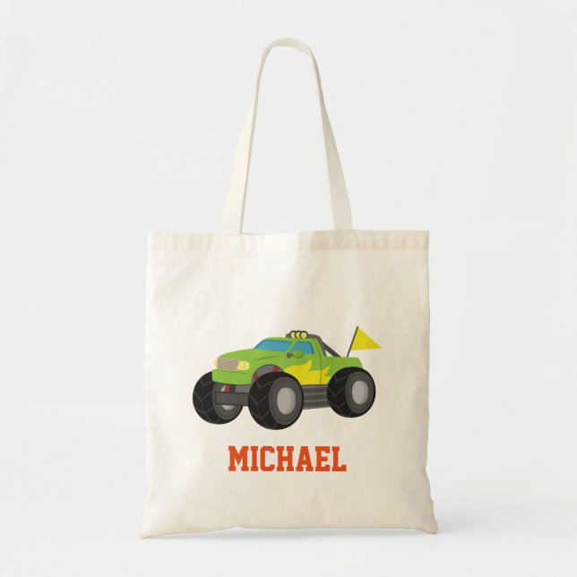 Bolsa Tote Caminhão Monstro Verde de Corrida para Meninos Pil (Frente)