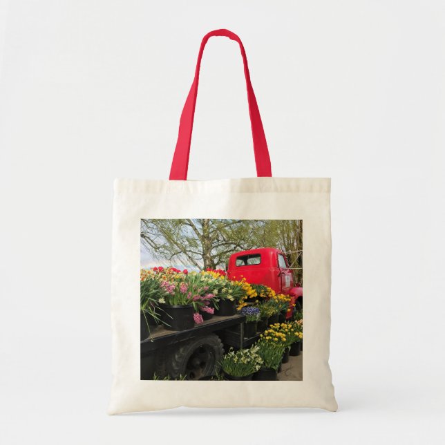 Bolsa Tote Caminhão Vermelho com Flores de primavera e Arco-Í (Frente)