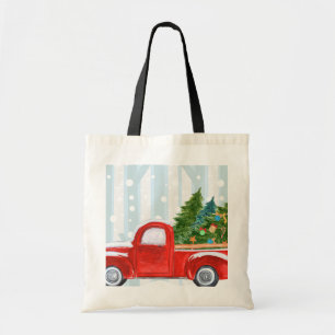 Bolsa Tote Camionete vermelho do Natal em uma estrada nevado