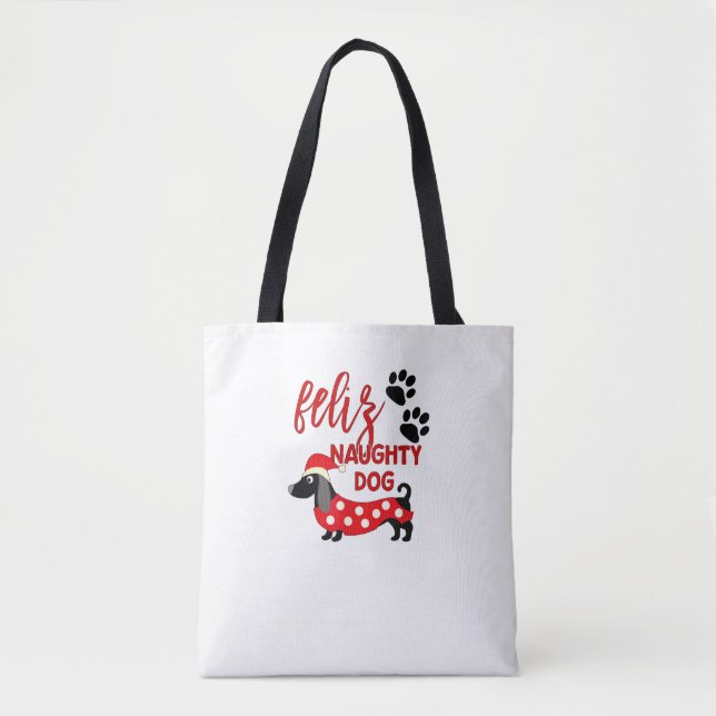 Bolsa Tote Camisa de Natal Dachshund _ Feliz Doido Engraçado  (Frente)