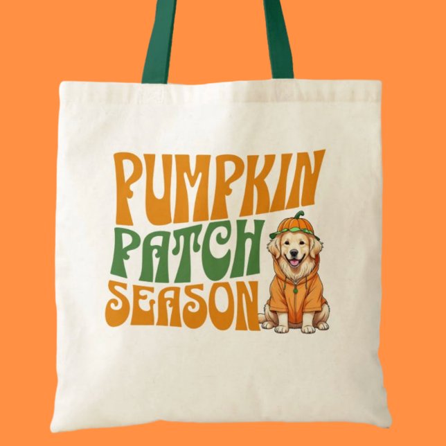 Bolsa Tote Camisa do Ouro de Colchete de Abóbora do Abaixamen (Pumpkin Patch Season Golden Retriever Fall Shirt Tote Bag)