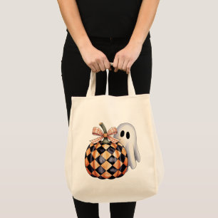 Bolsa Tote Camiseta de Dia das Bruxas, Checkere, Ghost Cute P