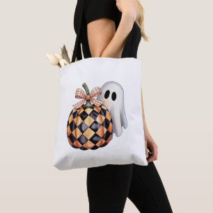 Bolsa Tote Camiseta de Dia das Bruxas, Checkere, Ghost Cute P