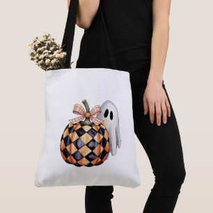 Bolsa Tote Camiseta de Dia das Bruxas, Checkere, Ghost Cute P