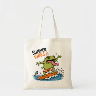 Bolsa Tote Camiseta de Verão com Sapo Surfando Divertido