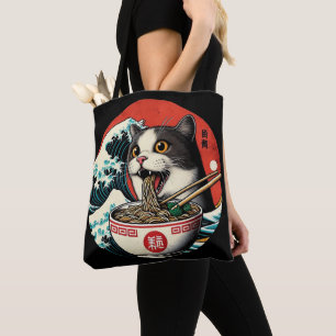 Bolsa Tote Camiseta Estilo Vintage de Arte Japonês Cat Ramen