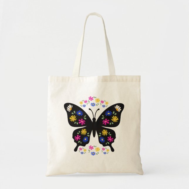 Bolsa Tote Camiseta mariposa con flores multicolor (Frente)