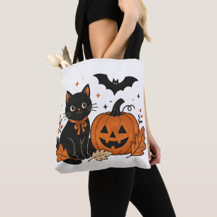 Bolsa Tote Camiseta Retro Halloween Gato Preto Abóbora Estamp