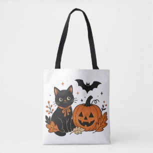 Bolsa Tote Camiseta Retro Halloween Gato Preto Abóbora Estamp