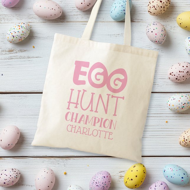 Bolsa Tote Campeão de Caça de Ovo de Páscoa Rosa Personalizad (Personalized Pink Easter Egg Hunt Champion Tote Bag)