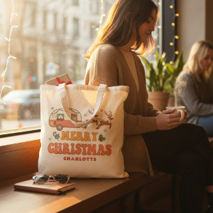 Bolsa Tote Camping Merry Christmas Reindeer Nome Personalizad