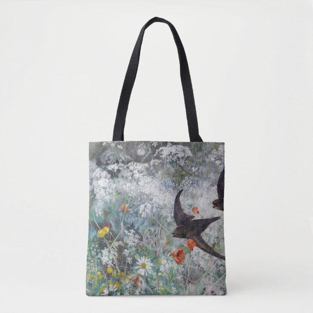 Bolsa Tote Campo de andorinha e flores, Bruno Liljefors (Frente)