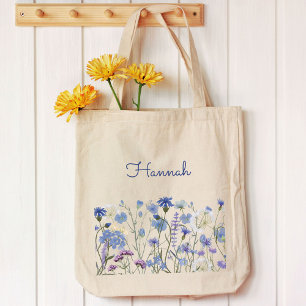 Bolsa Tote Campo de Flores Silvestres em Aquarela Azul Monogr