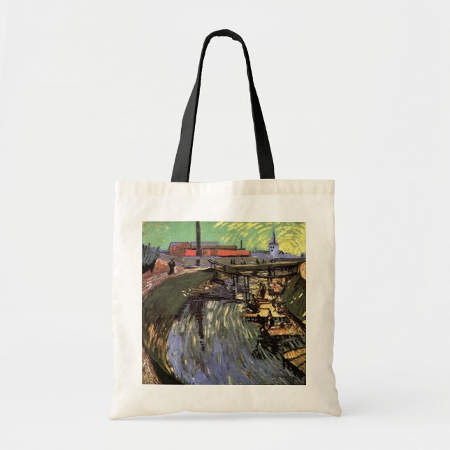 Bolsa Tote Canal com Mulheres Lavando por Vincent van Gogh (Frente)