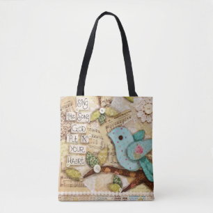 Bolsa Tote "Canção em seu coração" pássaro 16"" sacola x