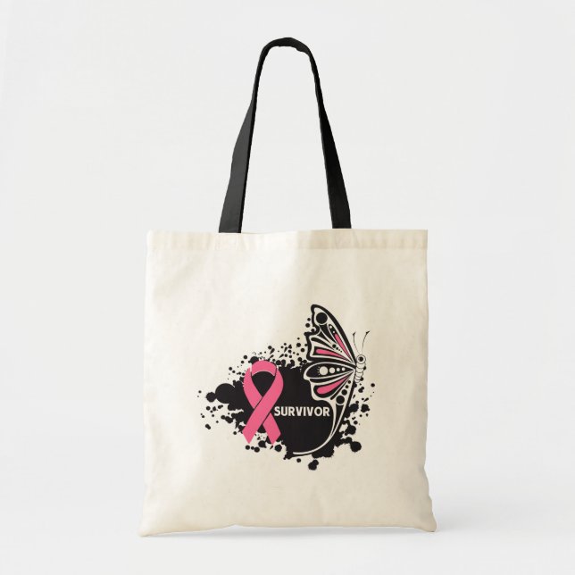Bolsa Tote Cancer de mama de borboleta de Abstrato Survivente (Frente)