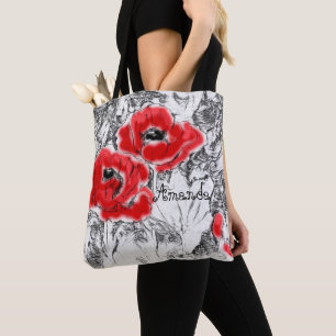 Bolsa Tote Caneta desenhada mão desenhada estaca vermelha flo