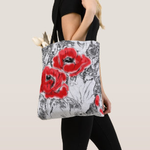 Bolsa Tote Caneta desenhada mão desenhada estaca vermelha flo