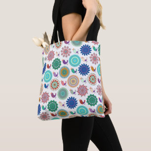 Bolsa Tote Cantando Pássaro e Mandala Padrão de Arte Folk