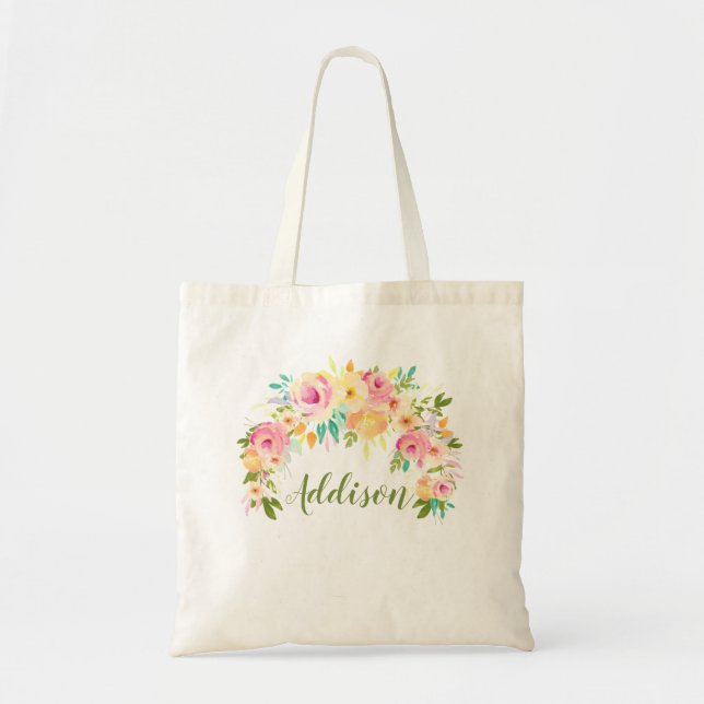 Bolsa Tote Canvas das Damas Personalizadas Florais de Aquarel (Frente)