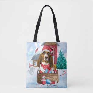 Bolsa Tote Cão Basset Hound na casa de Natal na neve