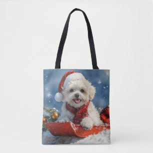 Bolsa Tote Cão Bichon Frise em Trenó Deixe Nevar Natal 