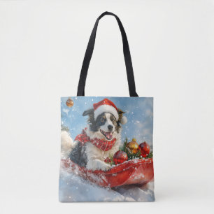 Bolsa Tote Cão Border Collie em Trenó Deixe Nevar Natal 