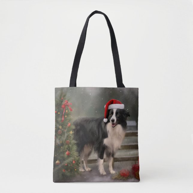Bolsa Tote Cão Border Collie na neve Natal (Frente)